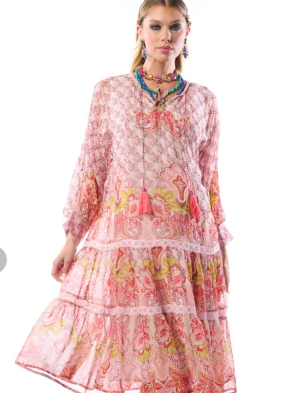 Aratta Aeris Silent Journey Pink Print Boho Hippie Couture Midi Dress Tassels L